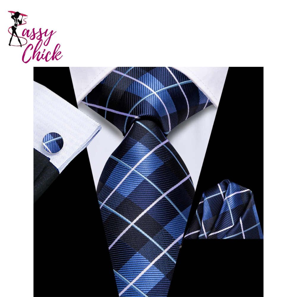 Striped Business 8.5cm Jacquard Hanky Cufflink Tie Set Sassy Chick Logo