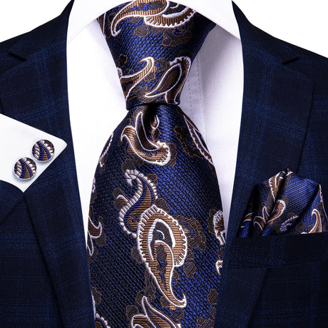 brown blue floral design necktie
