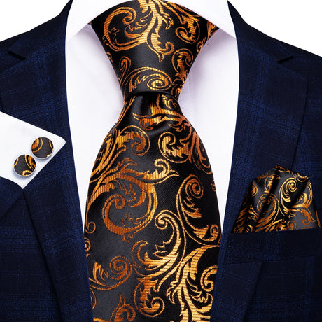 gold black floral design necktie