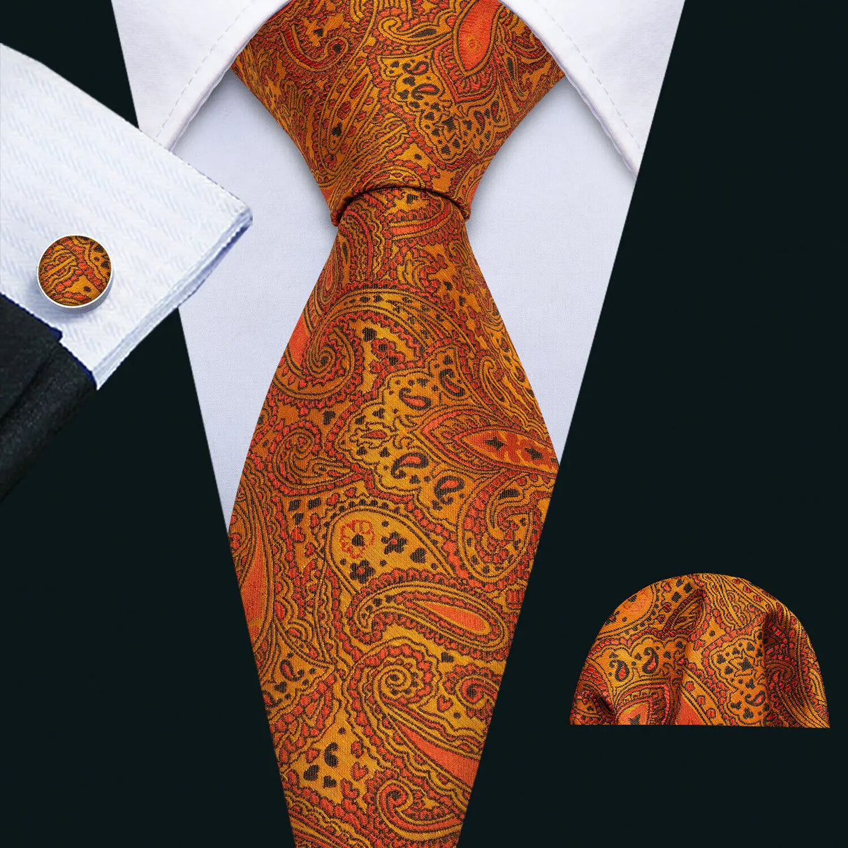 Orange Striped Plaid Floral Solid Paisley Necktie Pocket Square Cufflinks