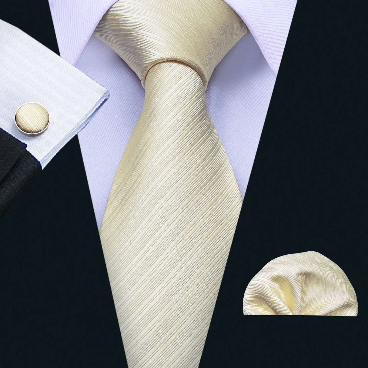 Beige Striped Plaid Floral Solid Paisley Necktie Pocket Square Cufflinks
