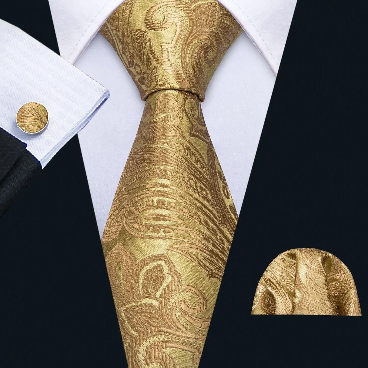 Gold Striped Plaid Floral Solid Paisley Necktie Pocket Square Cufflinks