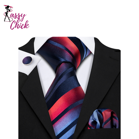 Striped Silk Business Men's Tie Pocket Square Cufflinks Set Sassy Chick Logo