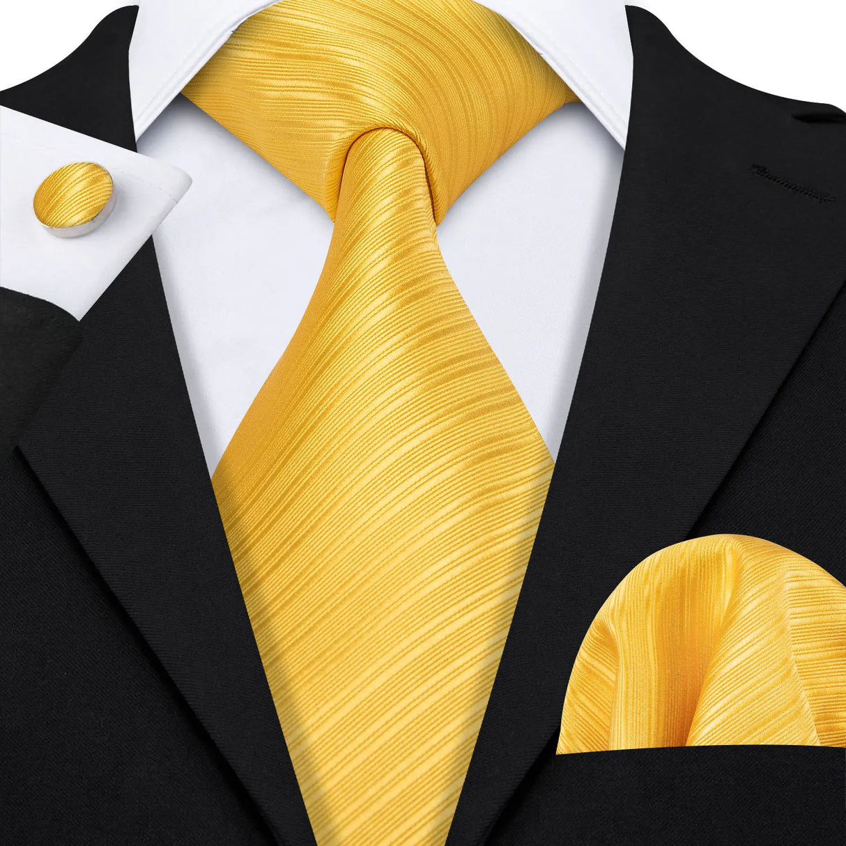 Yellow Striped Silk Business Men's Tie Pocket Square Cufflinks Set