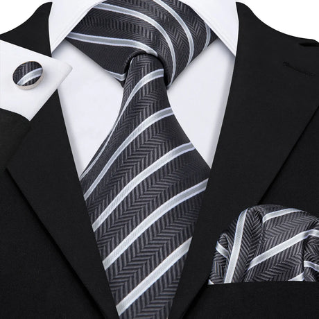 Black White Striped Silk Business Men's Tie Pocket Square Cufflinks Set