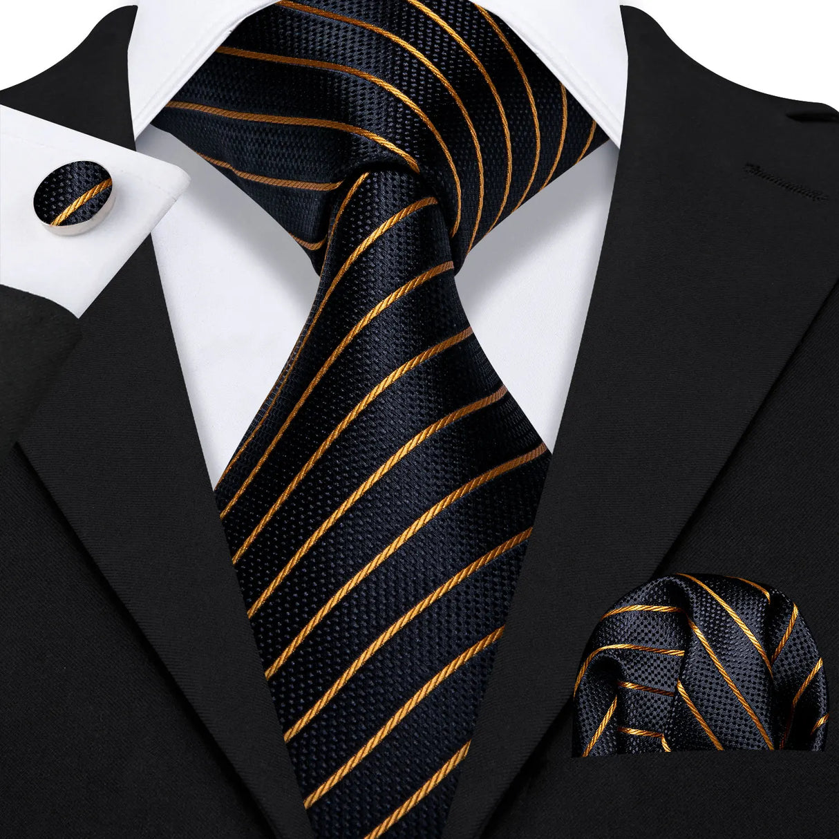 Black Gold Striped Silk Business Men's Tie Pocket Square Cufflinks Set