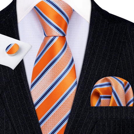 Orange Blue Striped Silk Business Men's Tie Pocket Square Cufflinks Set