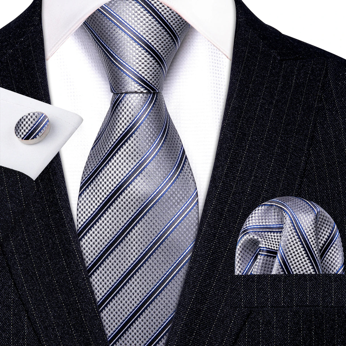 Gray Striped Silk Business Men's Tie Pocket Square Cufflinks Set