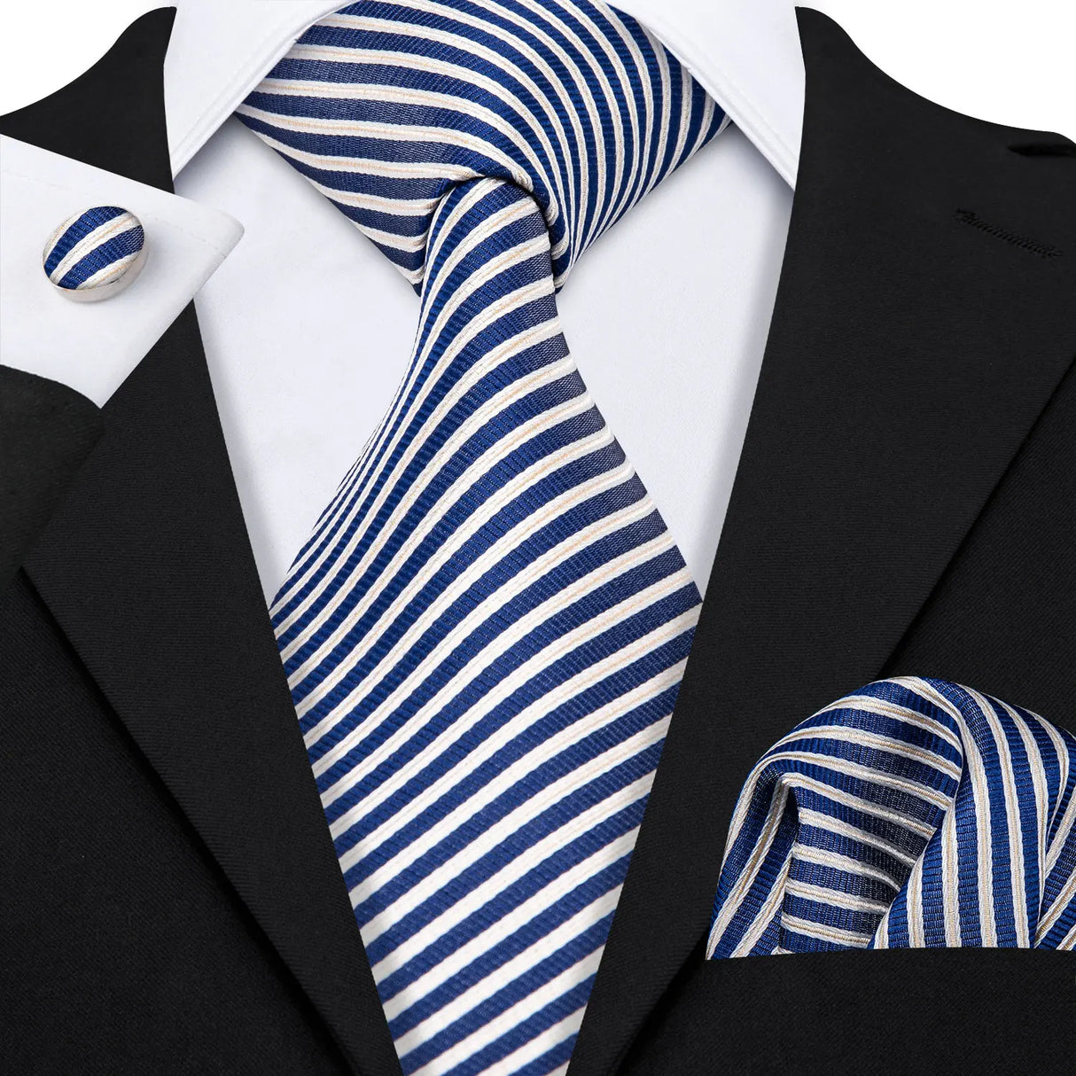 Blue White Striped Silk Business Men's Tie Pocket Square Cufflinks Set