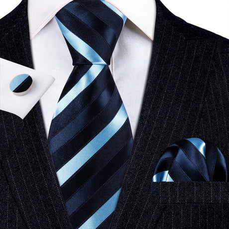 Blue Striped Silk Business Men's Tie Pocket Square Cufflinks Set