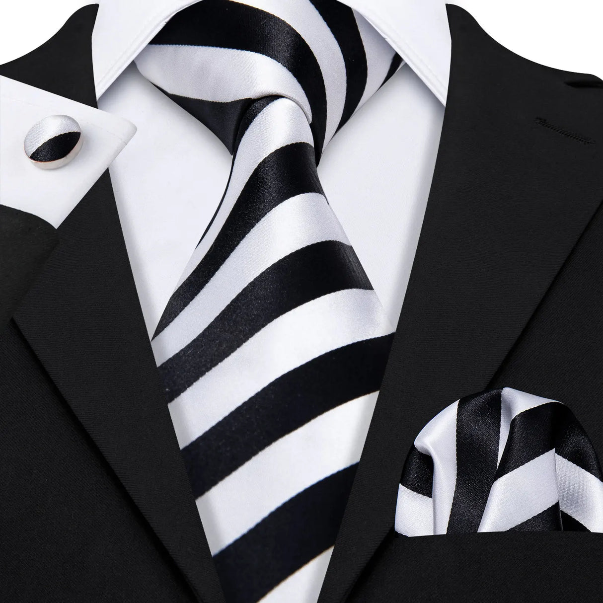 White Black Striped Silk Business Men's Tie Pocket Square Cufflinks Set