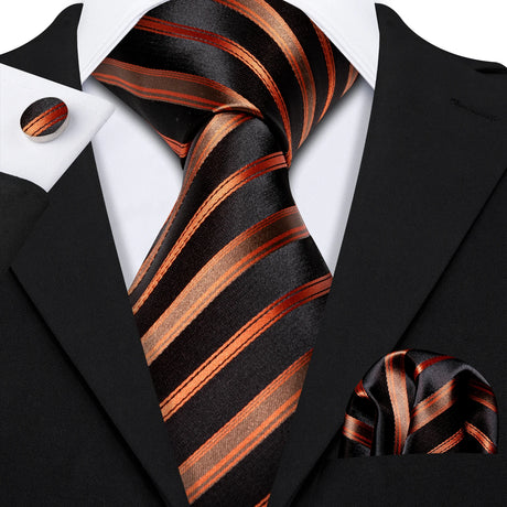 Orange Black Striped Silk Business Men's Tie Pocket Square Cufflinks Set