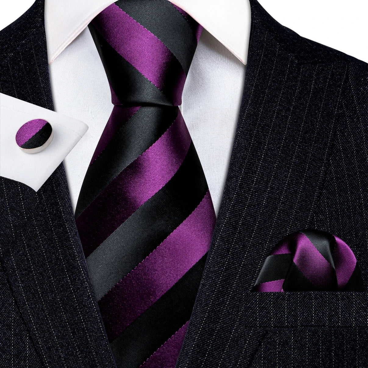 Purple Black Striped Silk Business Men's Tie Pocket Square Cufflinks Set