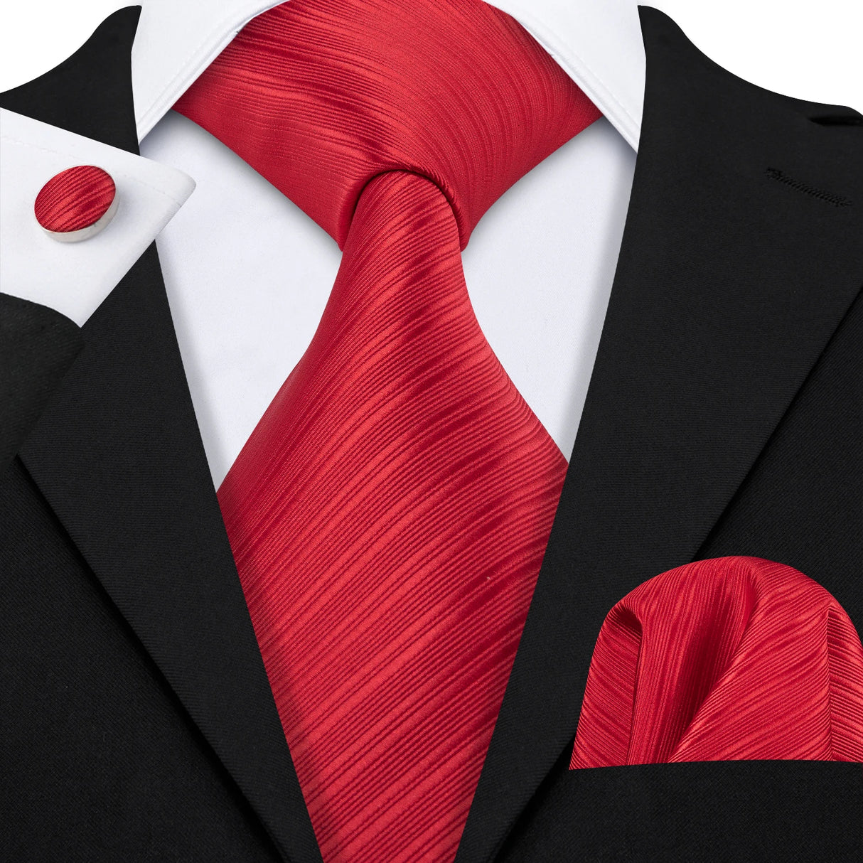 Red Striped Silk Business Men's Tie Pocket Square Cufflinks Set