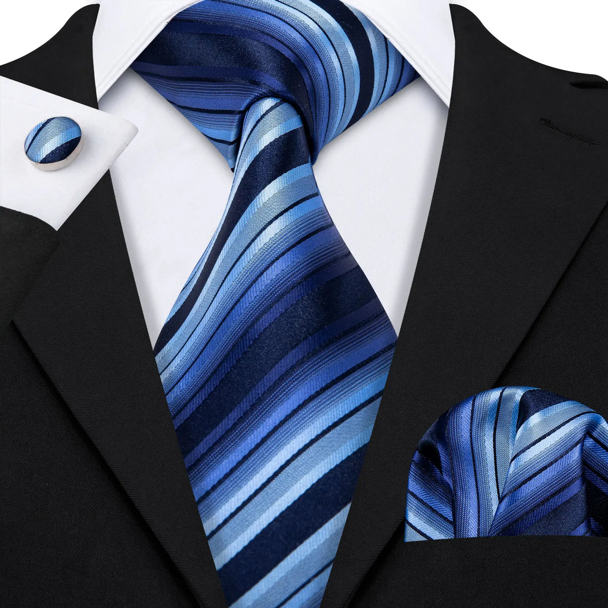 Blue Striped Silk Business Men's Tie Pocket Square Cufflinks Set
