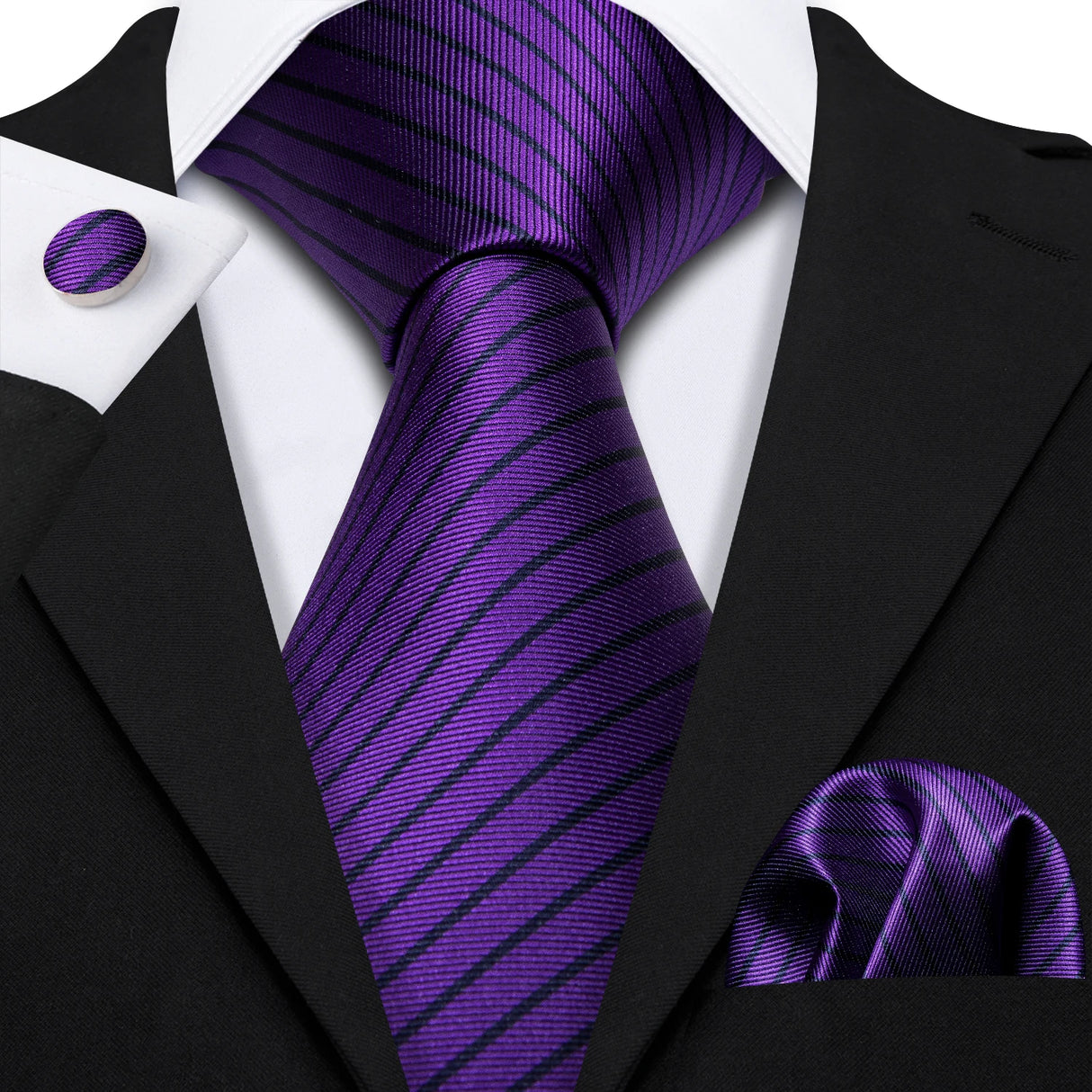 Purple Striped Silk Business Men's Tie Pocket Square Cufflinks Set