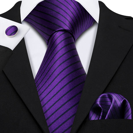 Purple Striped Silk Business Men's Tie Pocket Square Cufflinks Set