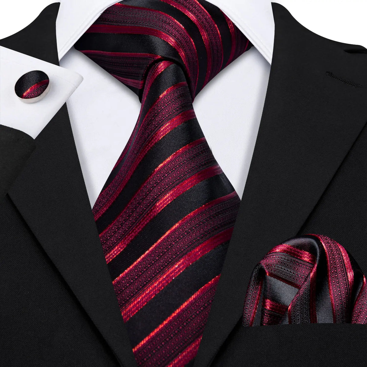 Red Black Striped Silk Business Men's Tie Pocket Square Cufflinks Set