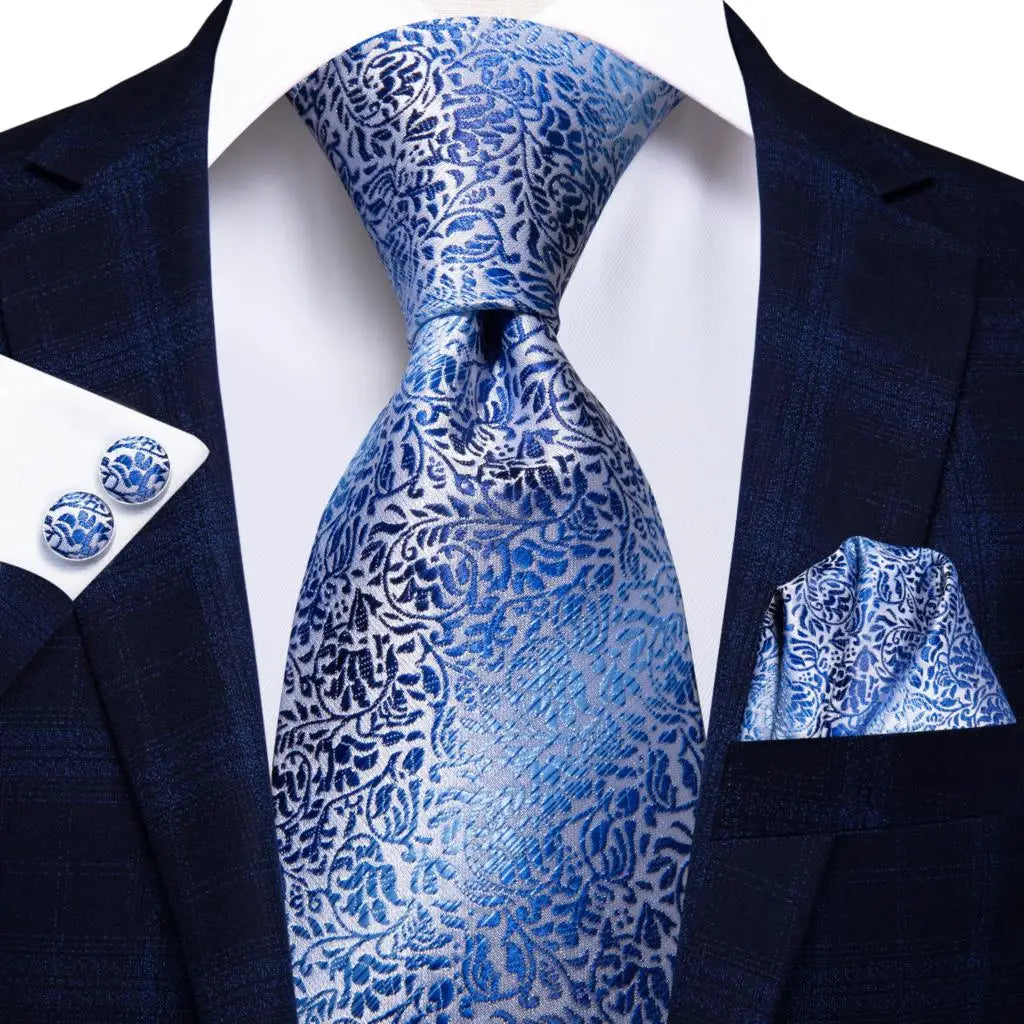 blue floral silk necktie set