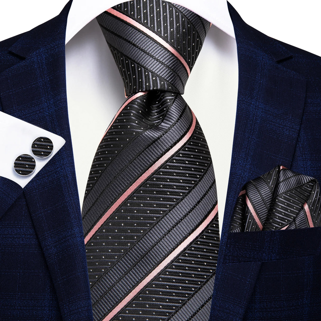 black pink line dot design necktie set