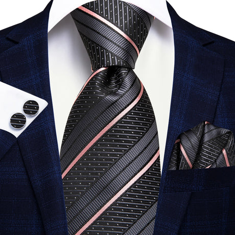 black pink line dot design necktie set