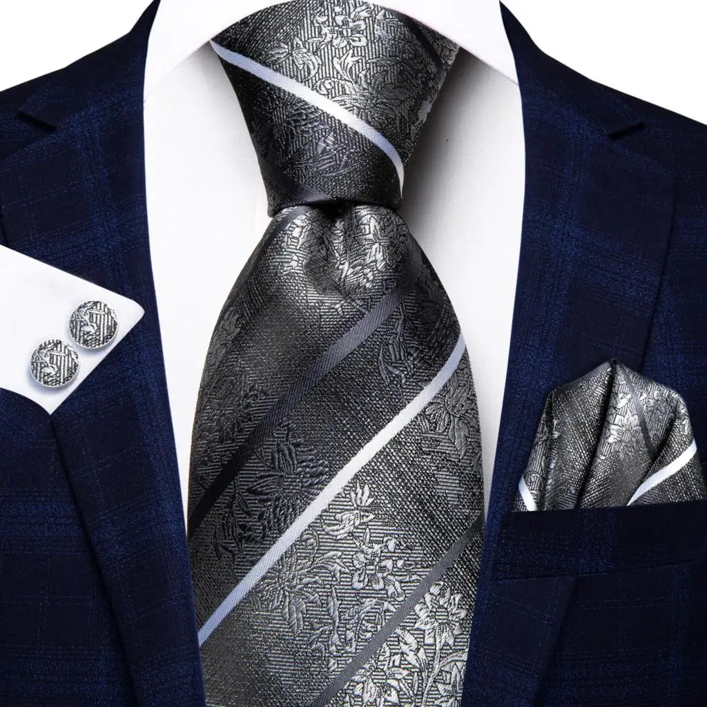 grey floral silk design necktie set