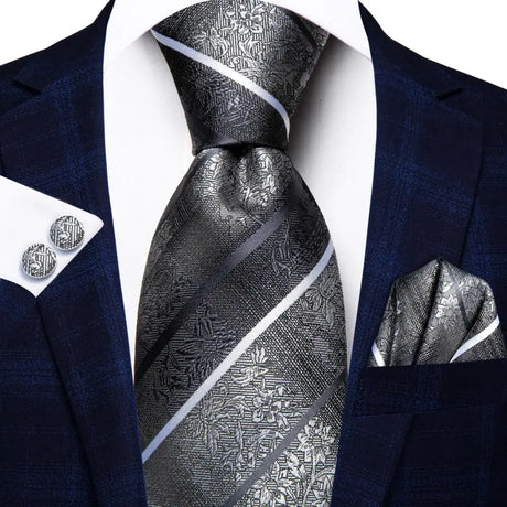 grey floral silk design necktie set