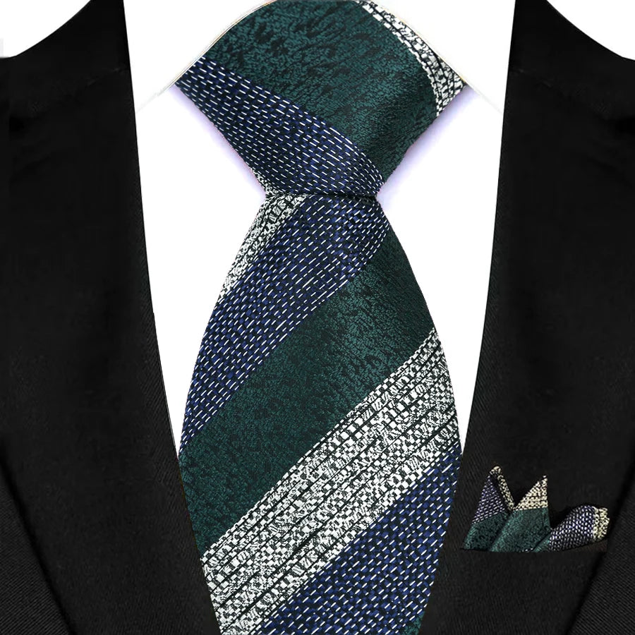 Stripes Red Green Brown Pocket Square Necktie Set