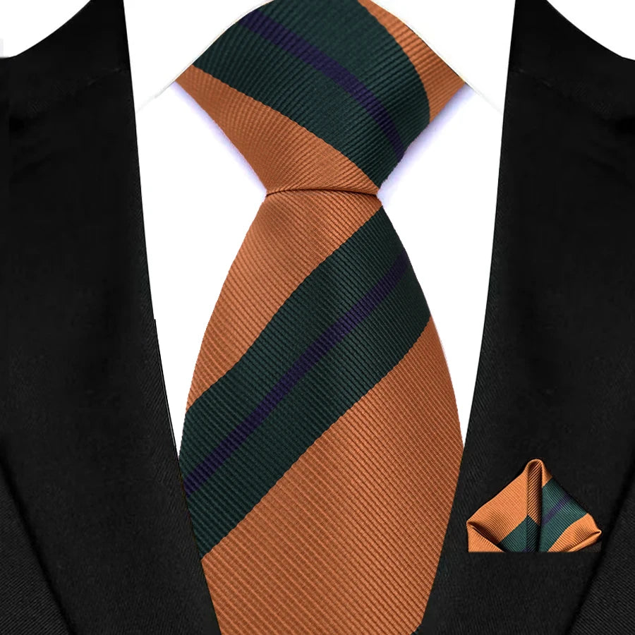 Stripes Red Green Brown Pocket Square Necktie Set