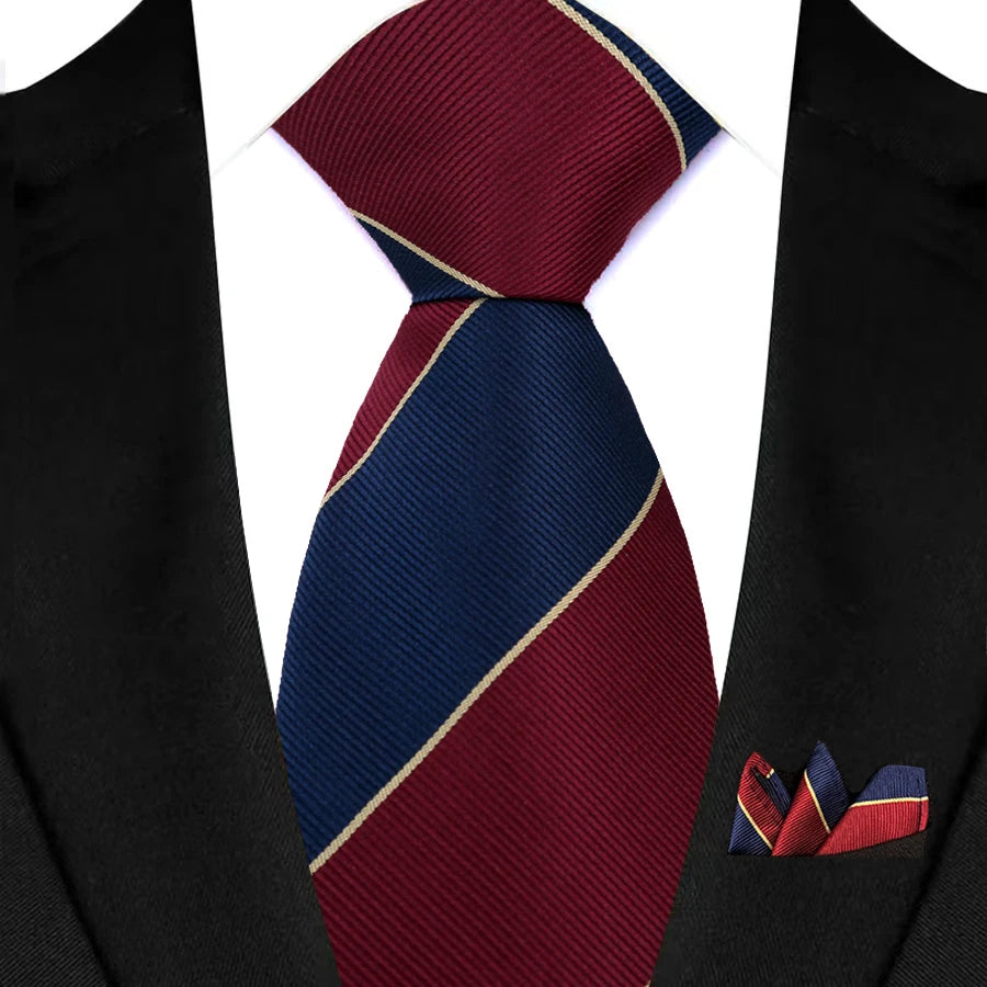 Stripes Red Green Brown Pocket Square Necktie Set