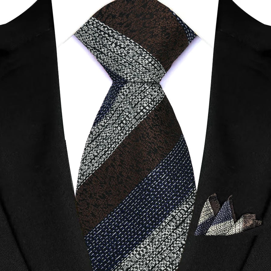 Stripes Red Green Brown Pocket Square Necktie Set