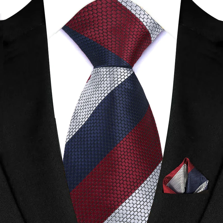 Stripes Red Green Brown Pocket Square Necktie Set