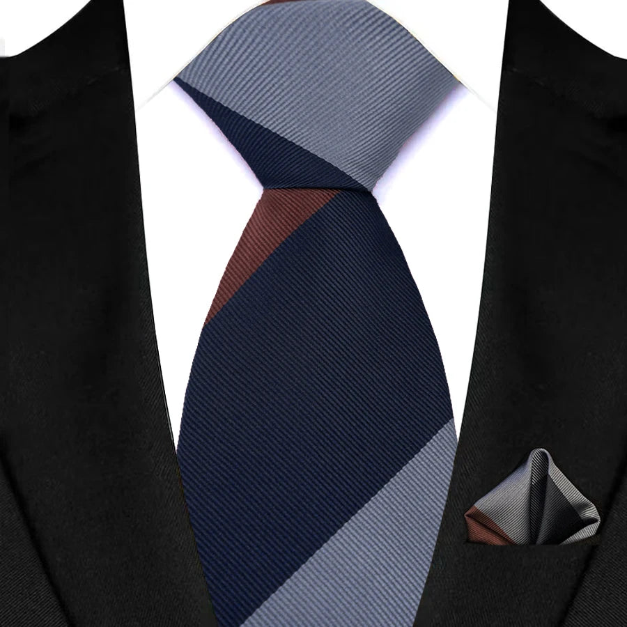 Stripes Red Green Brown Pocket Square Necktie Set