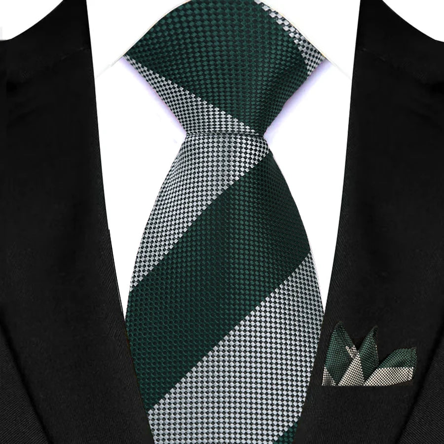Stripes Red Green Brown Pocket Square Necktie Set