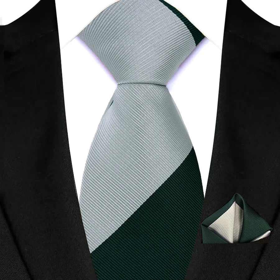 Stripes Red Green Brown Pocket Square Necktie Set
