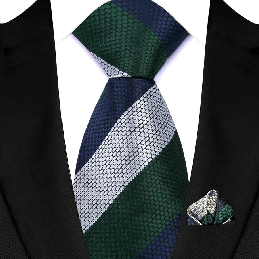 Stripes Red Green Brown Pocket Square Necktie Set