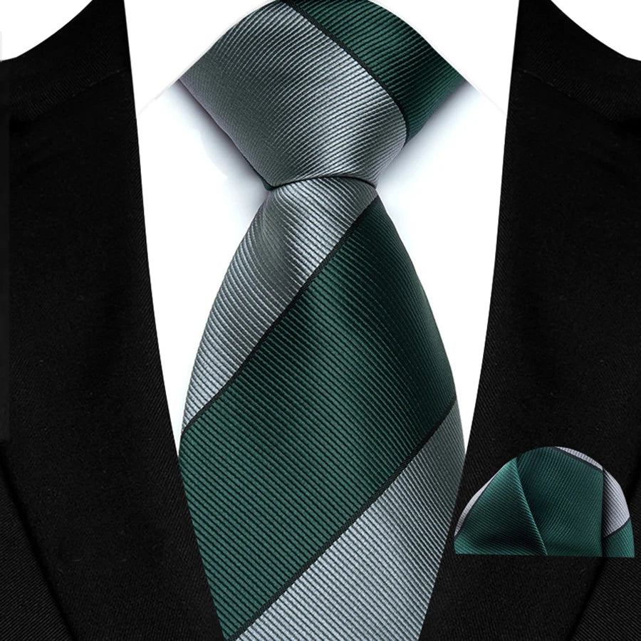 Stripes Red Green Brown Pocket Square Necktie Set