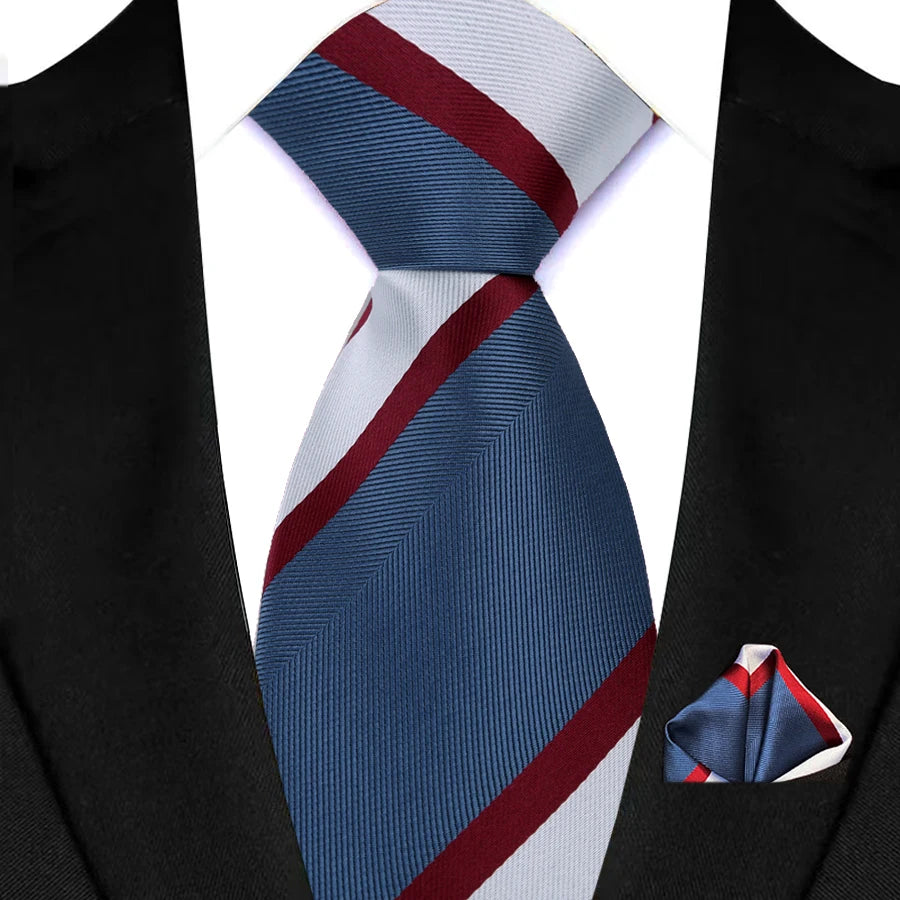 Stripes Red Green Brown Pocket Square Necktie Set