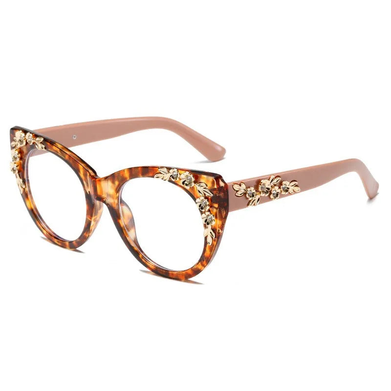 Brown Stylish Flower Design HD Lens Hyperopia Eyeglasses