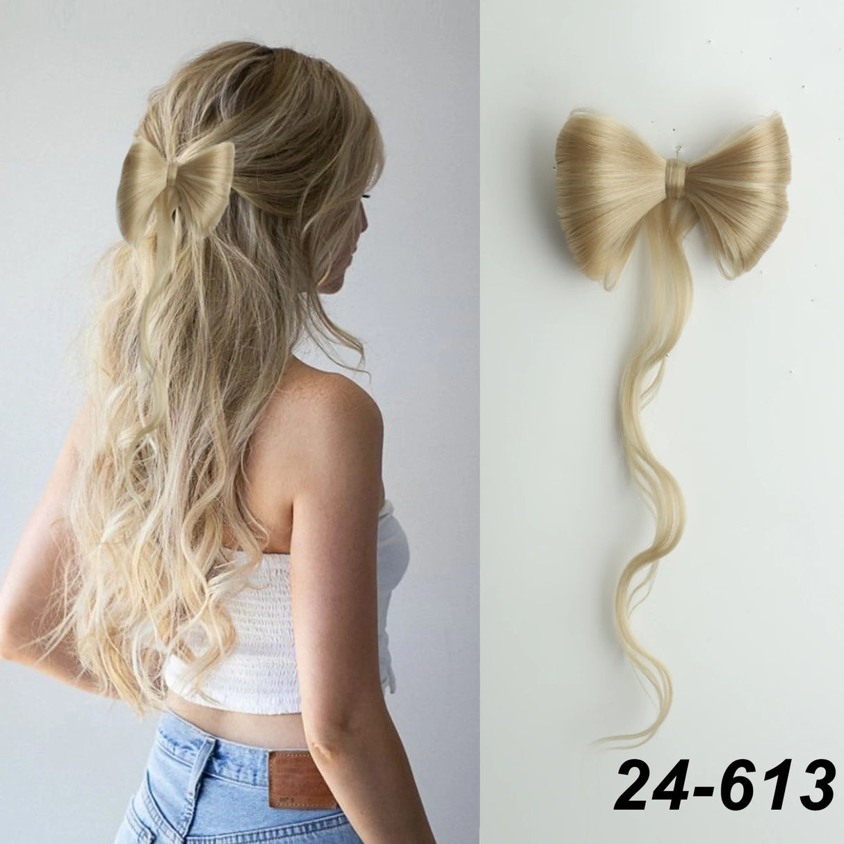White Synthetic Bowknot Claw Long Curly Wavy Ponytail Extensions