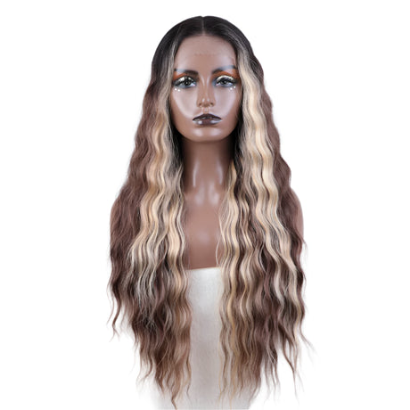 Synthetic Long Wavy Wig  brown/ white highlight