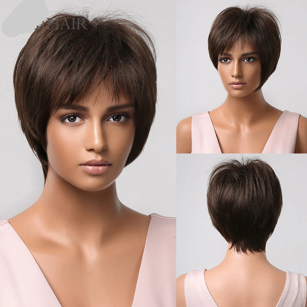 Brown Synthetic Short Pixie Cut Bang Bob Layered Straight Wigs