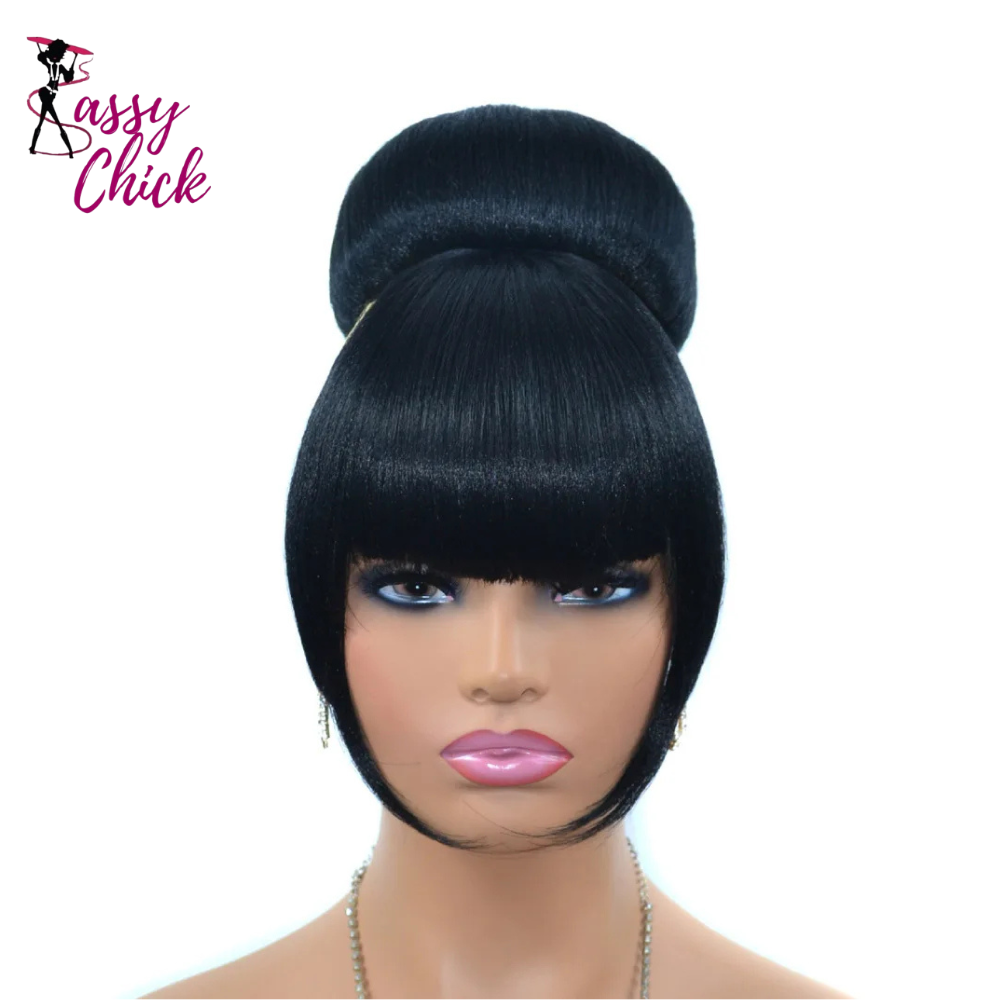 Synthetic Spherical Updos Chignon With Bangs Clip In Hair Sassy Chick Logo