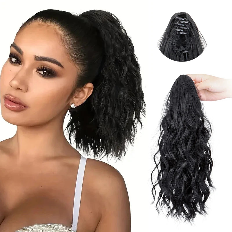 Black Synthetic Water Wave Curly Claw Clip-in Ponytail Hair Extension