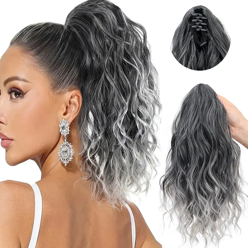 Gray Synthetic Water Wave Curly Claw Clip-in Ponytail Hair Extension