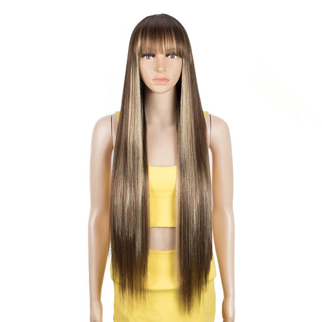Synthetic Wig With Bangs Ombre brown highlight