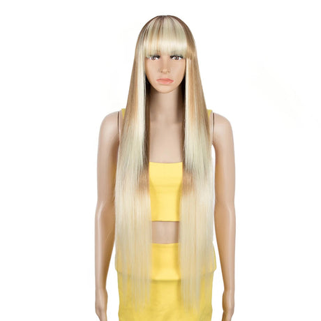 Synthetic Wig With Bangs Ombre brown white