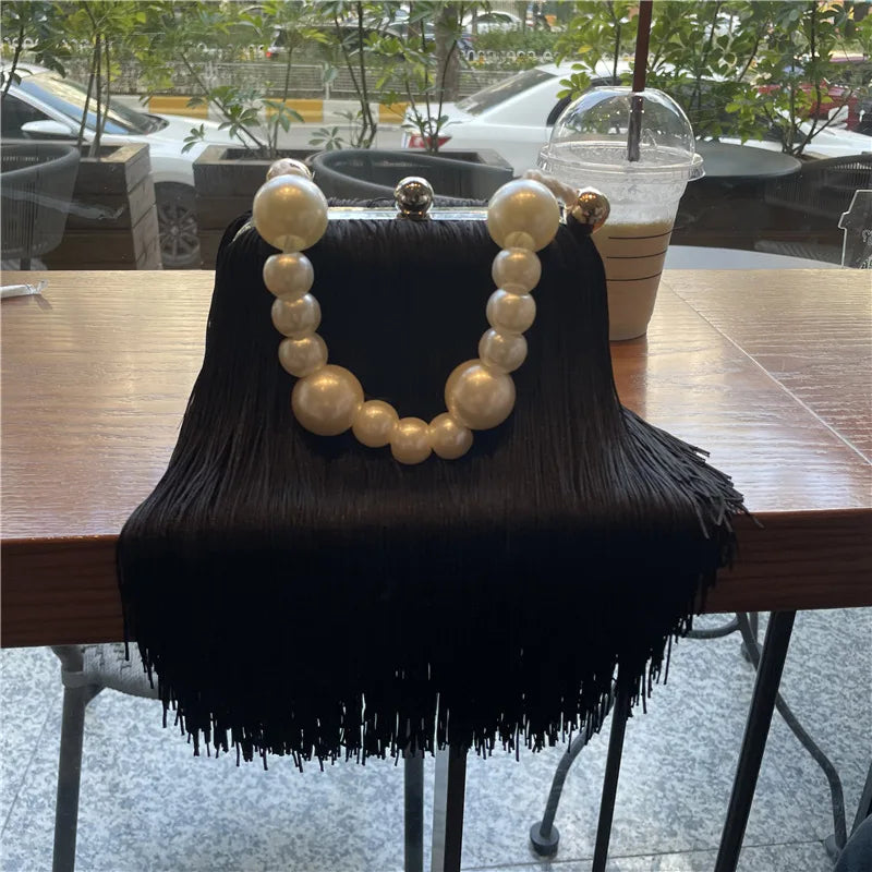 Tassel Small Square Pearl Chain Evening Handbag