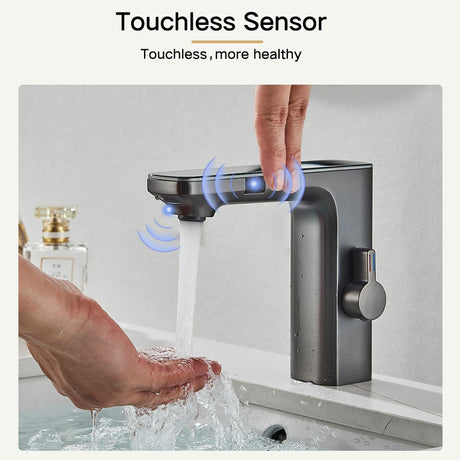 Smart touchless sensor basin faucet with digital display for hot and cold water control
