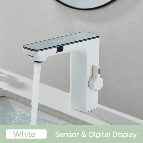 Smart touchless sensor basin faucet with digital display for hot and cold water control